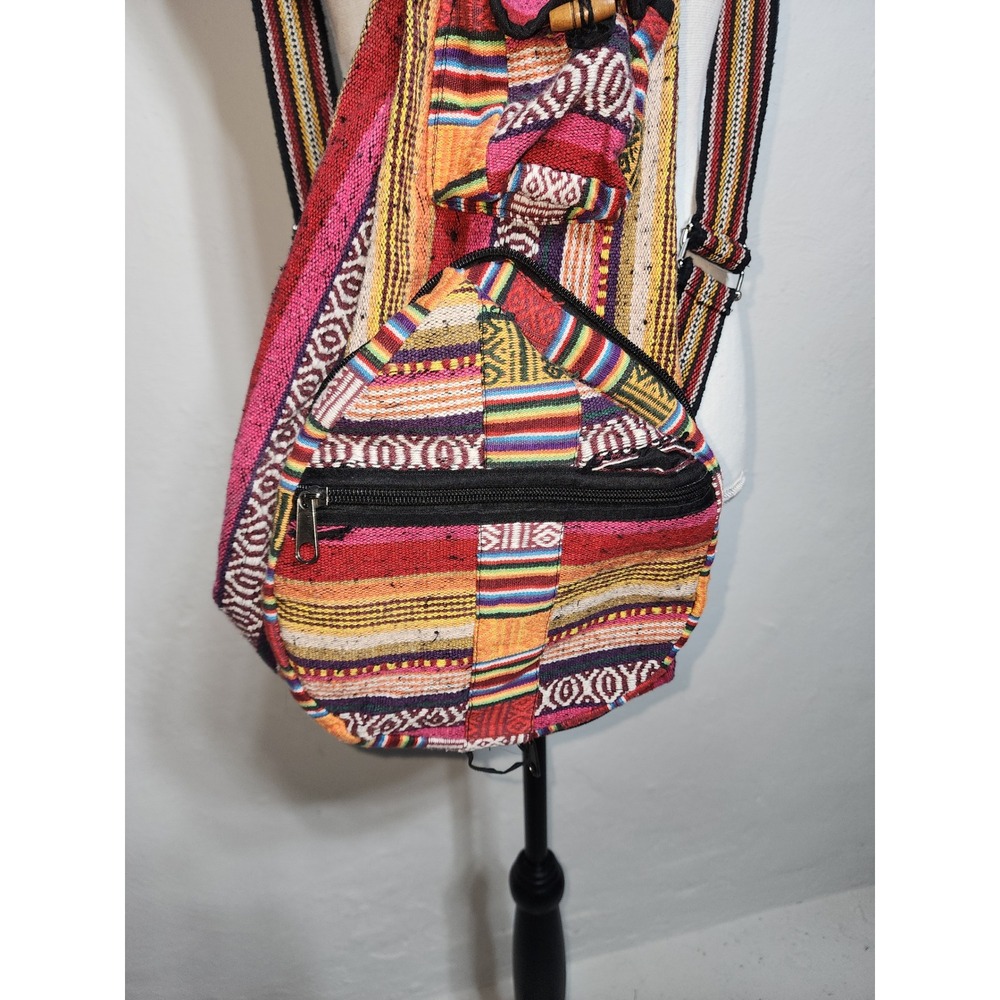Nepal Woven Cotton‎ Sling Backpack Unisex OS Multi-Color Boho Striped Bag - Picture 8 of 13